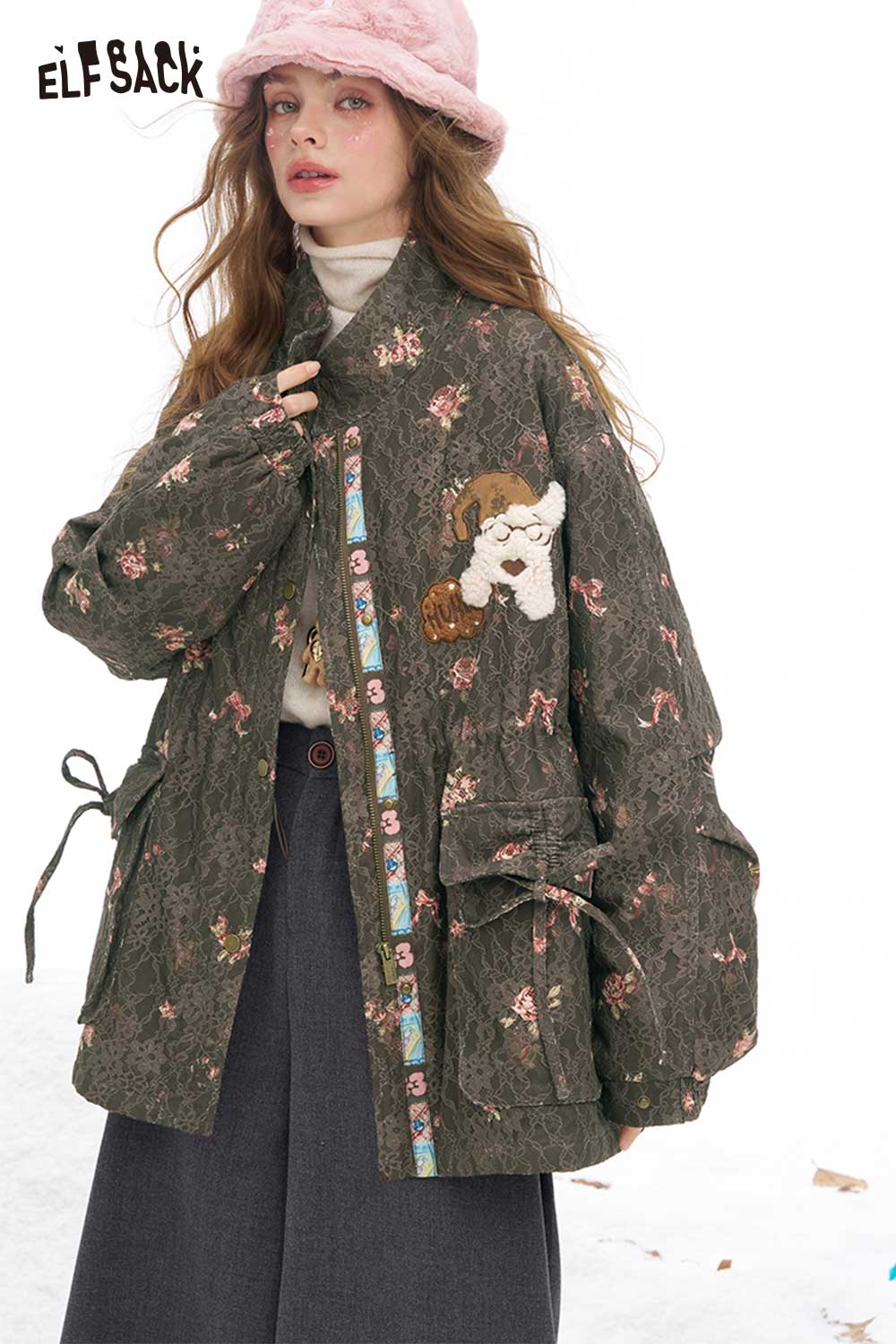 ELFSACK floral dog graphic coat with intricate floral design and unique detailing for stylish winter wear