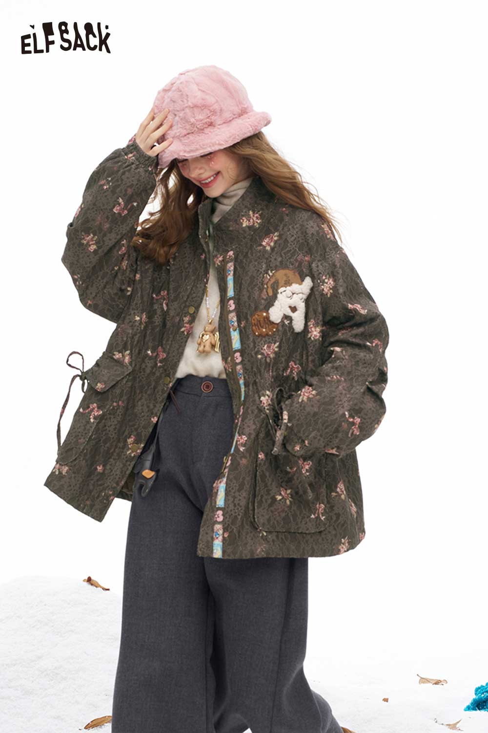 ELFSACK floral dog graphic coat in olive with floral embroidery, perfect for stylish winter wear