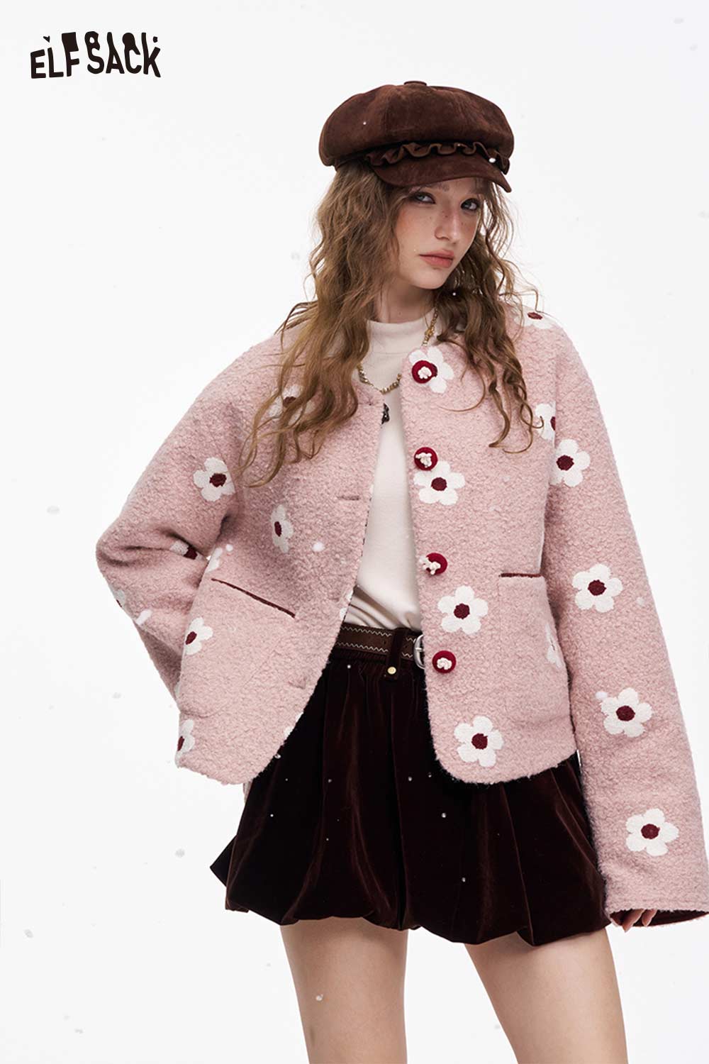 ELFSACK floral graphic cotton coat for women in pink with flower design and oversized fit