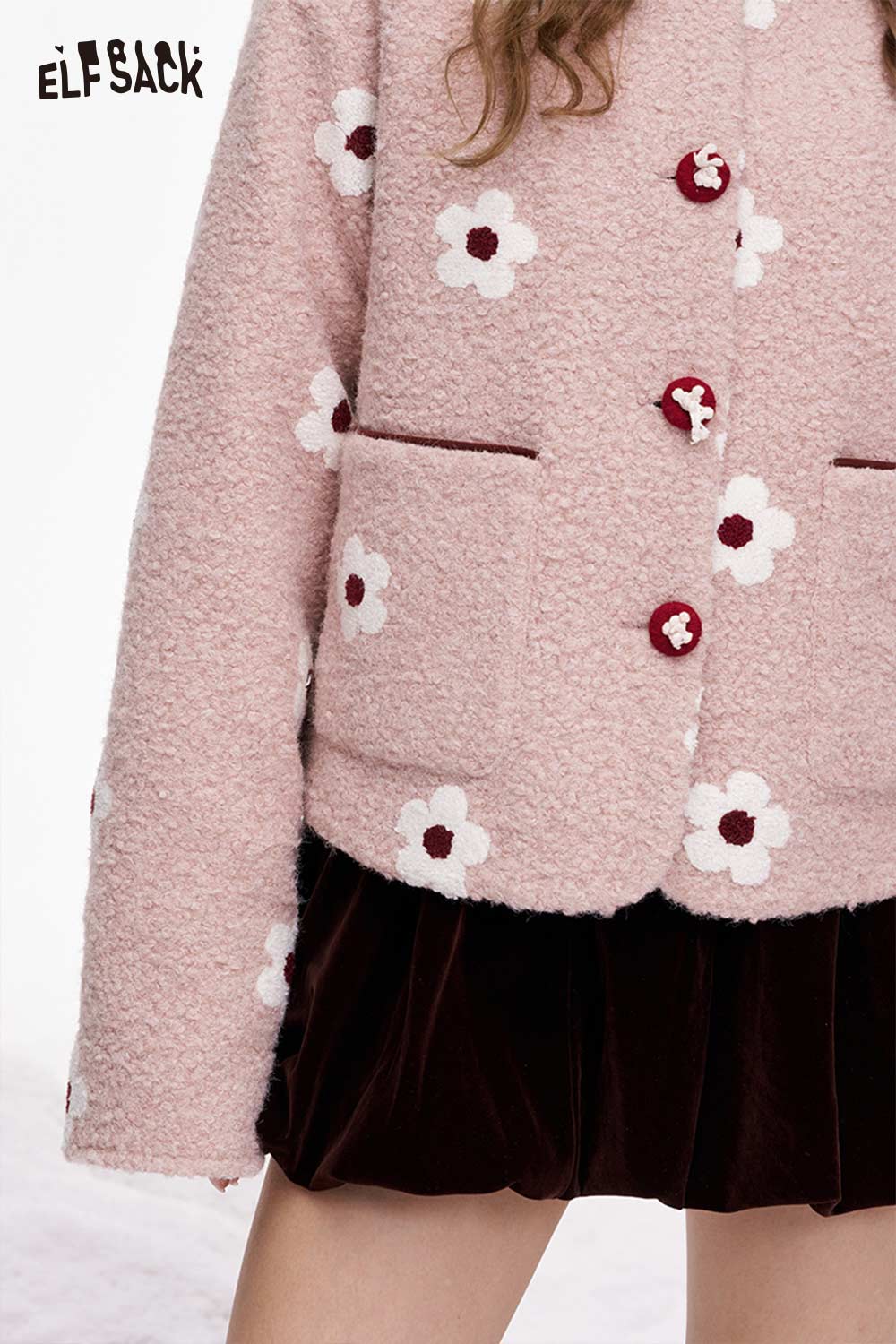 ELFSACK floral graphic cotton coat for women with pink fabric and flower details