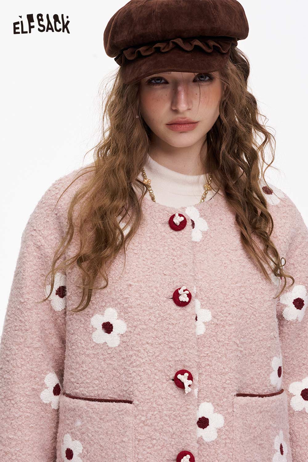 ELFSACK floral graphic cotton coat for women in pink with flower details and buttons