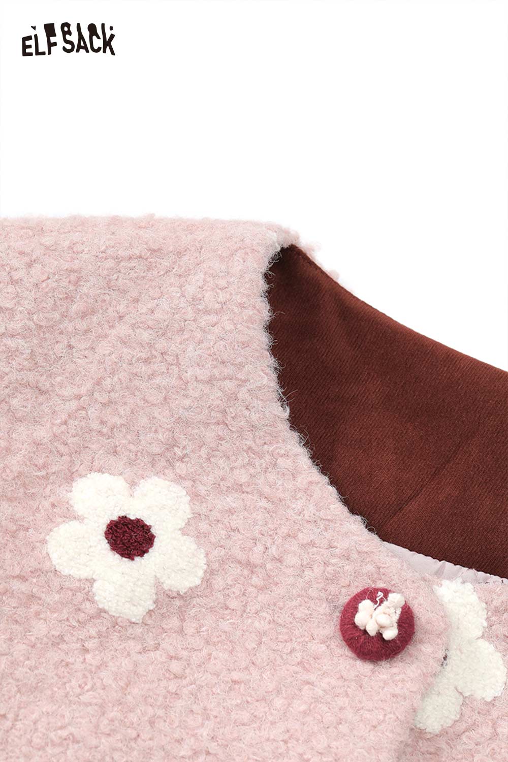 Close-up of ELFSACK floral graphic cotton coat for women, featuring soft fabric and flower appliques