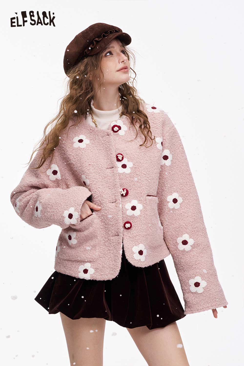 ELFSACK floral graphic cotton coat for women in pink with flower patterns and buttons