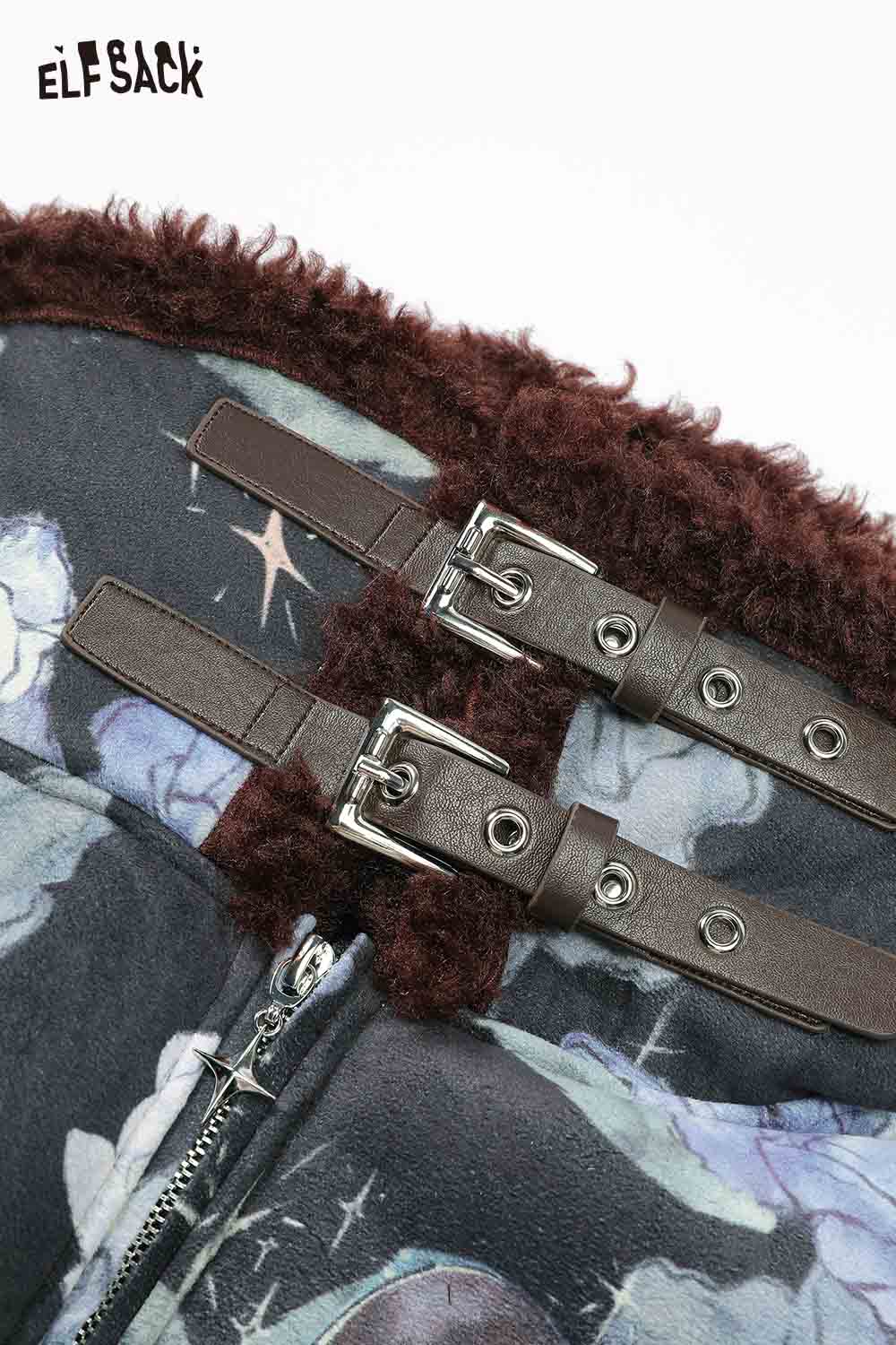 ELFSACK floral graphic lapel coat for women featuring unique floral patterns and stylish buckled design