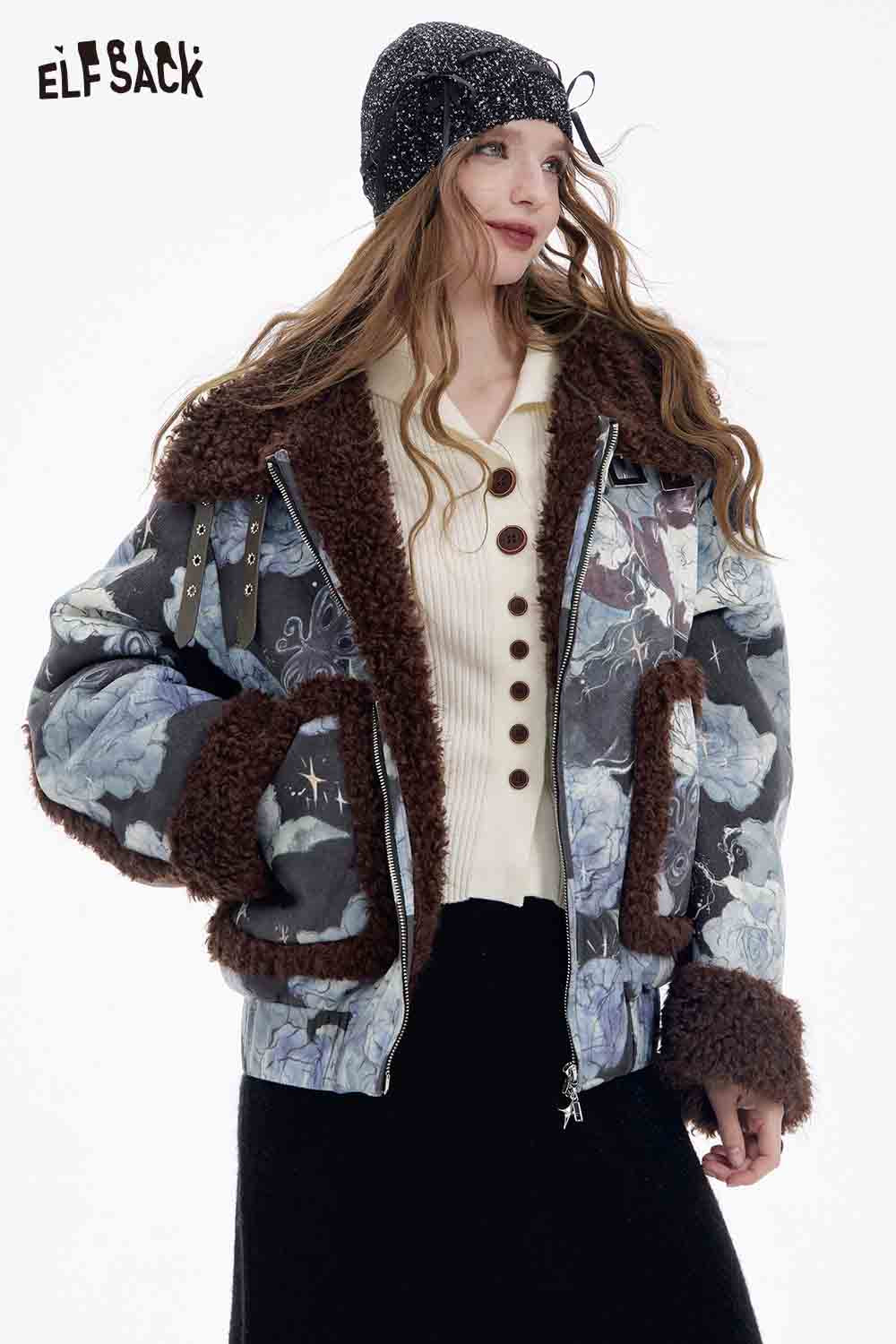 ELFSACK floral graphic lapel coat for women with soft fur trim and vibrant floral design