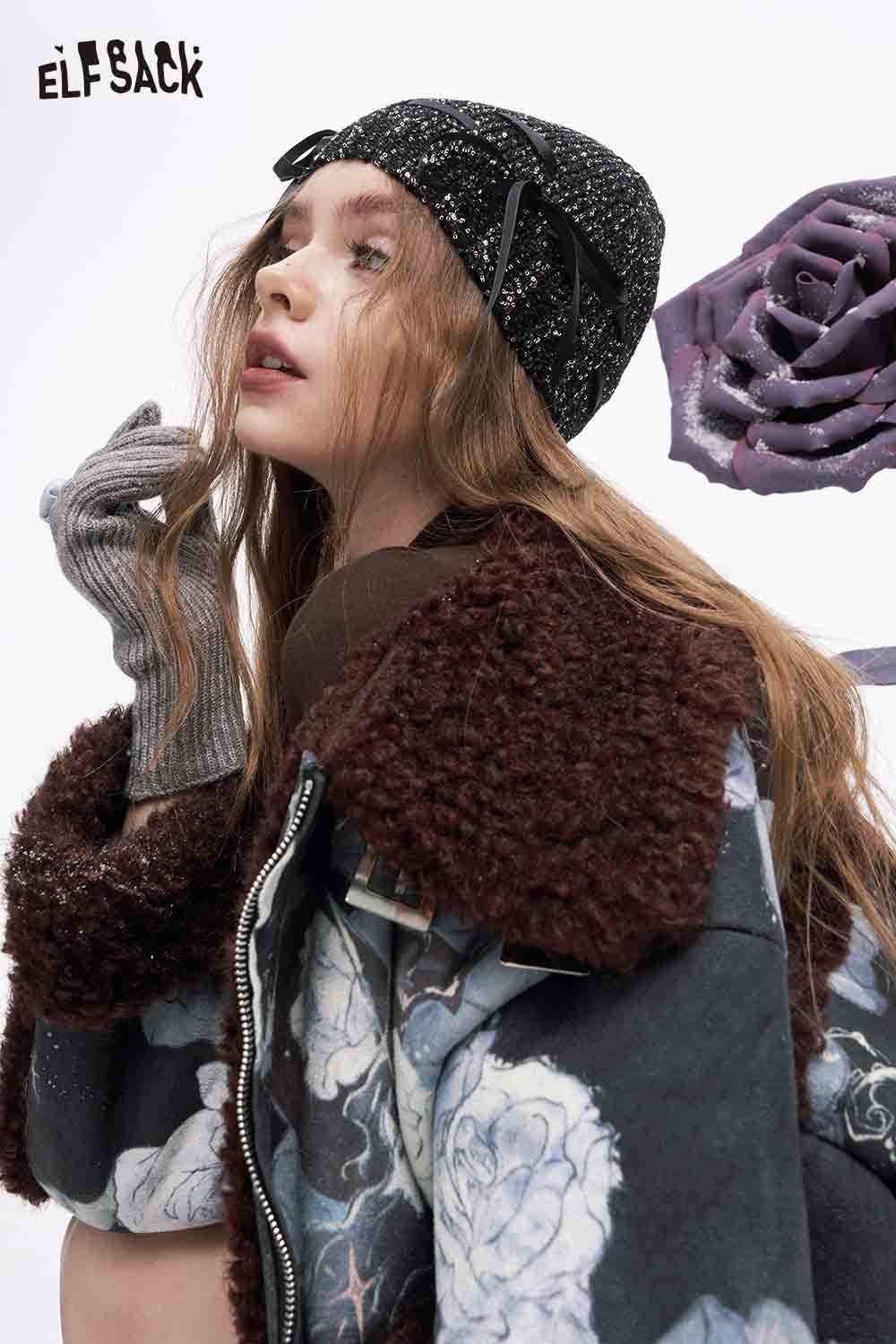 ELFSACK floral graphic lapel coat for women with stylish design and cozy fit