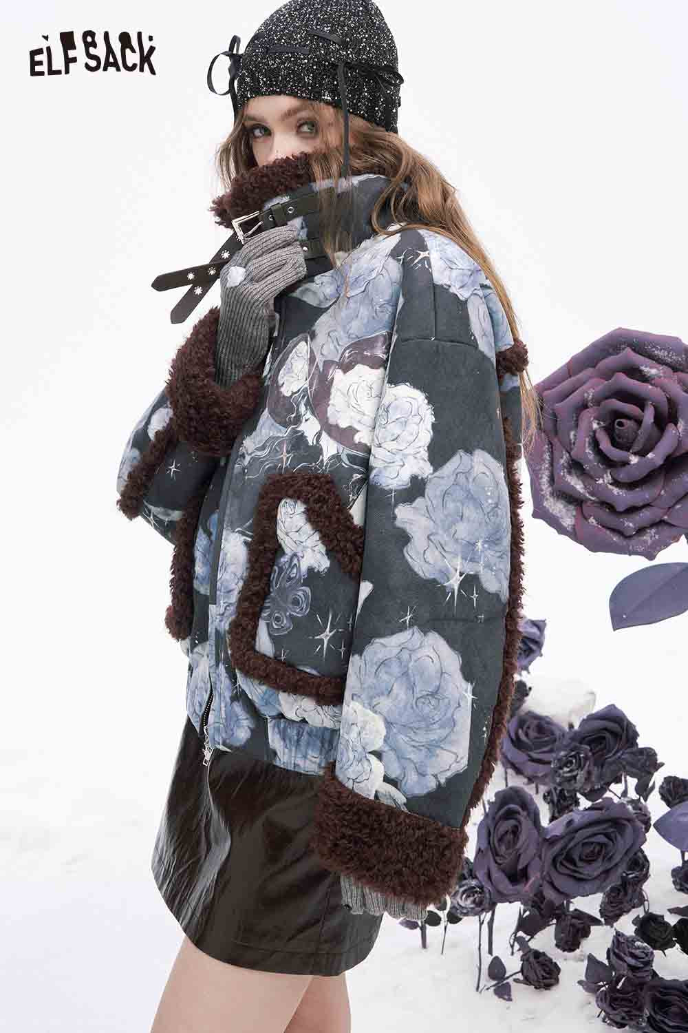 ELFSACK floral graphic lapel coat for women featuring floral design and stylish fur trim.