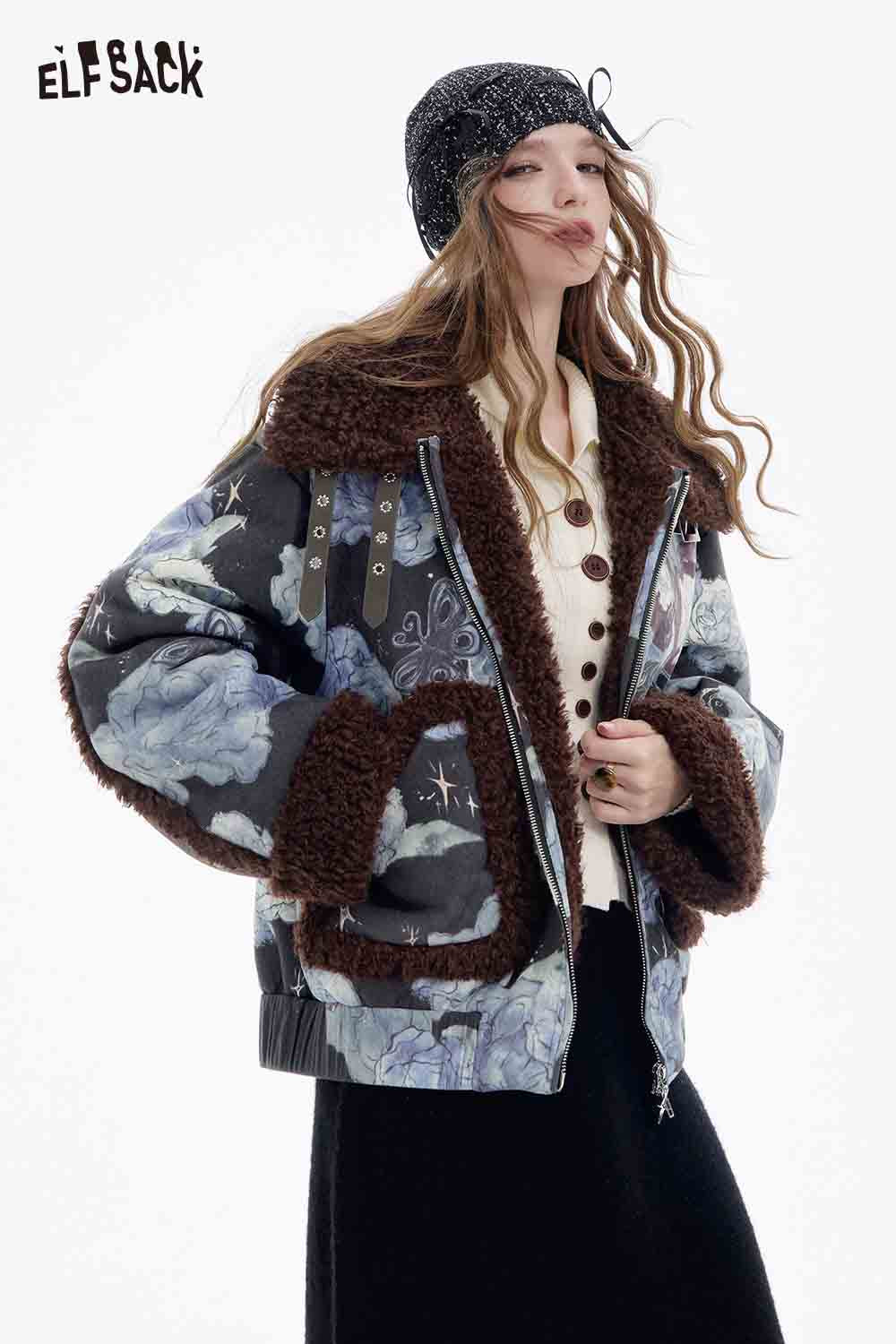 ELFSACK floral graphic lapel coat for women with plush collar and floral pattern