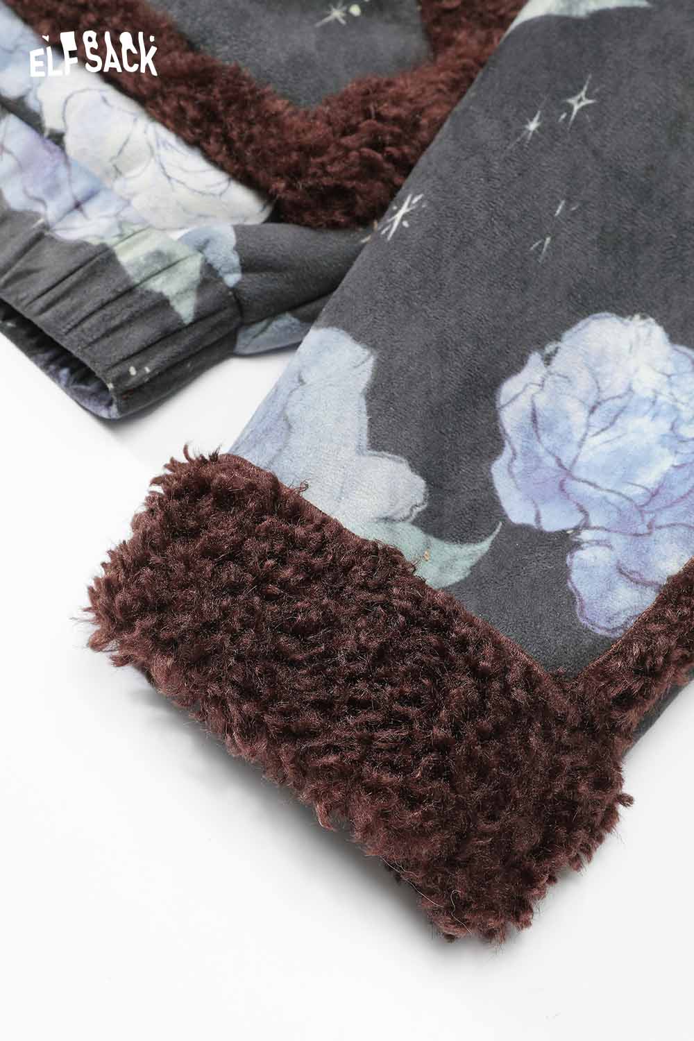 ELFSACK floral graphic lapel coat for women with soft fur trim and elegant floral design