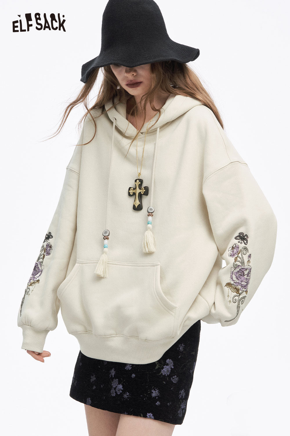 ELFSACK floral graphic tassel hoodie for women with embroidered details and oversized fit