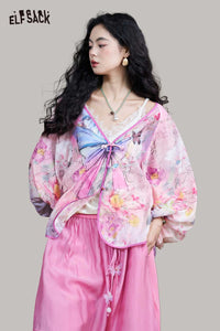 Floral Lantern Sleeve Frog Button Top