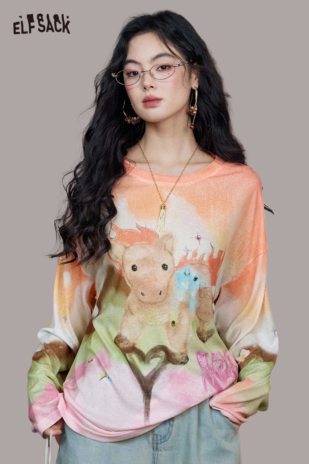 ELFSACK Floral Pony Tie Dye Oversized Top