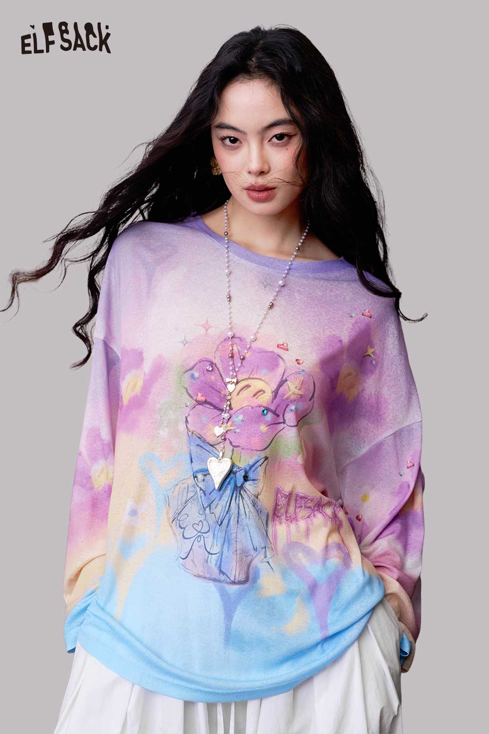 ELFSACK Floral Pony Tie Dye Oversized Top