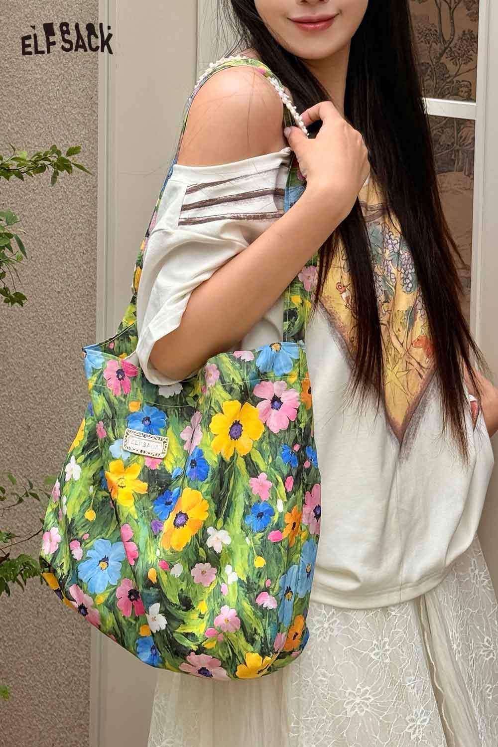 ELFSACK Floral Print Canvas Tote Shoulder Bag