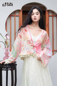 Floral Print Lace Trim Chiffon Cardigan