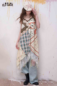 Floral Print Plaid Patchwork Lace Trim Dress