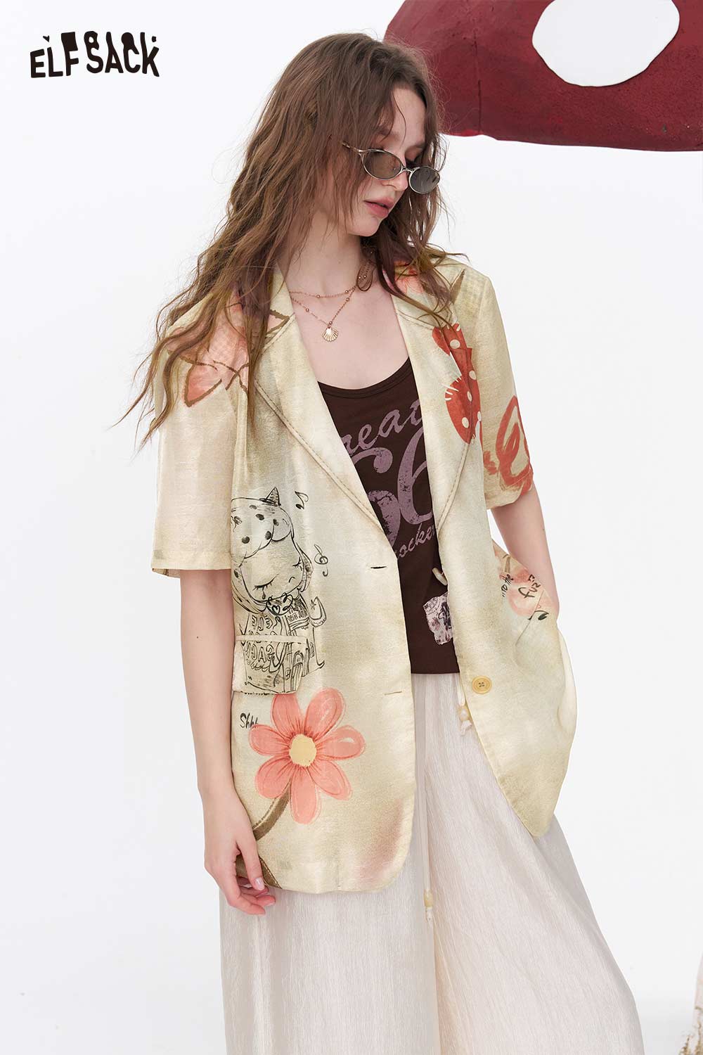 ELFSACK Floral Print Sheer Linen Blazer