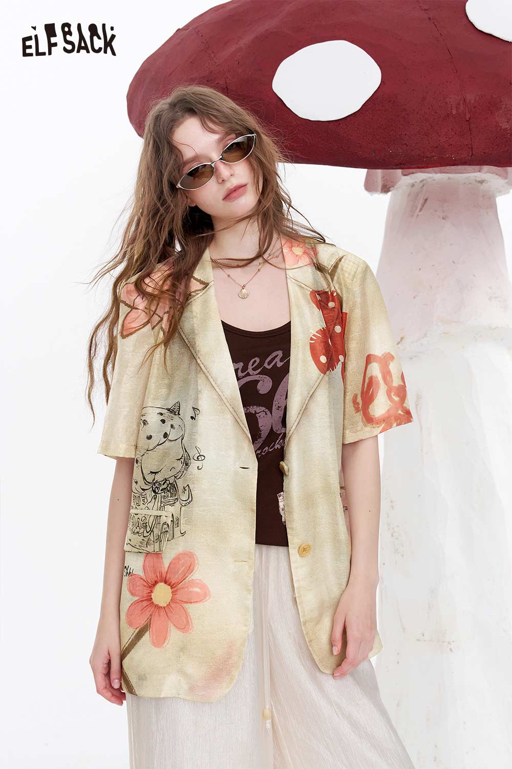 ELFSACK Floral Print Sheer Linen Blazer