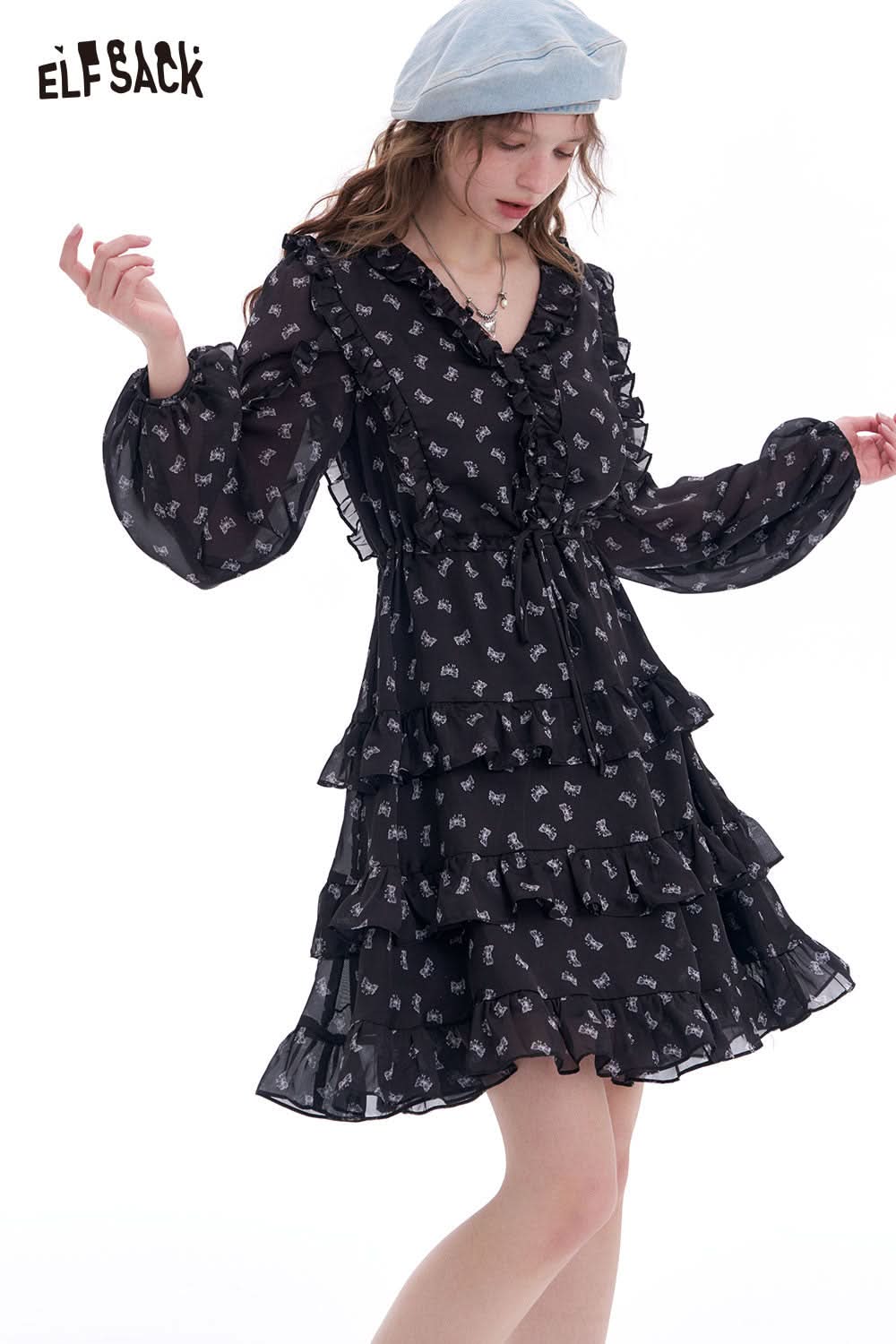 ELFSACK floral print v neck dress with tiered ruffles and long sleeves for a stylish look