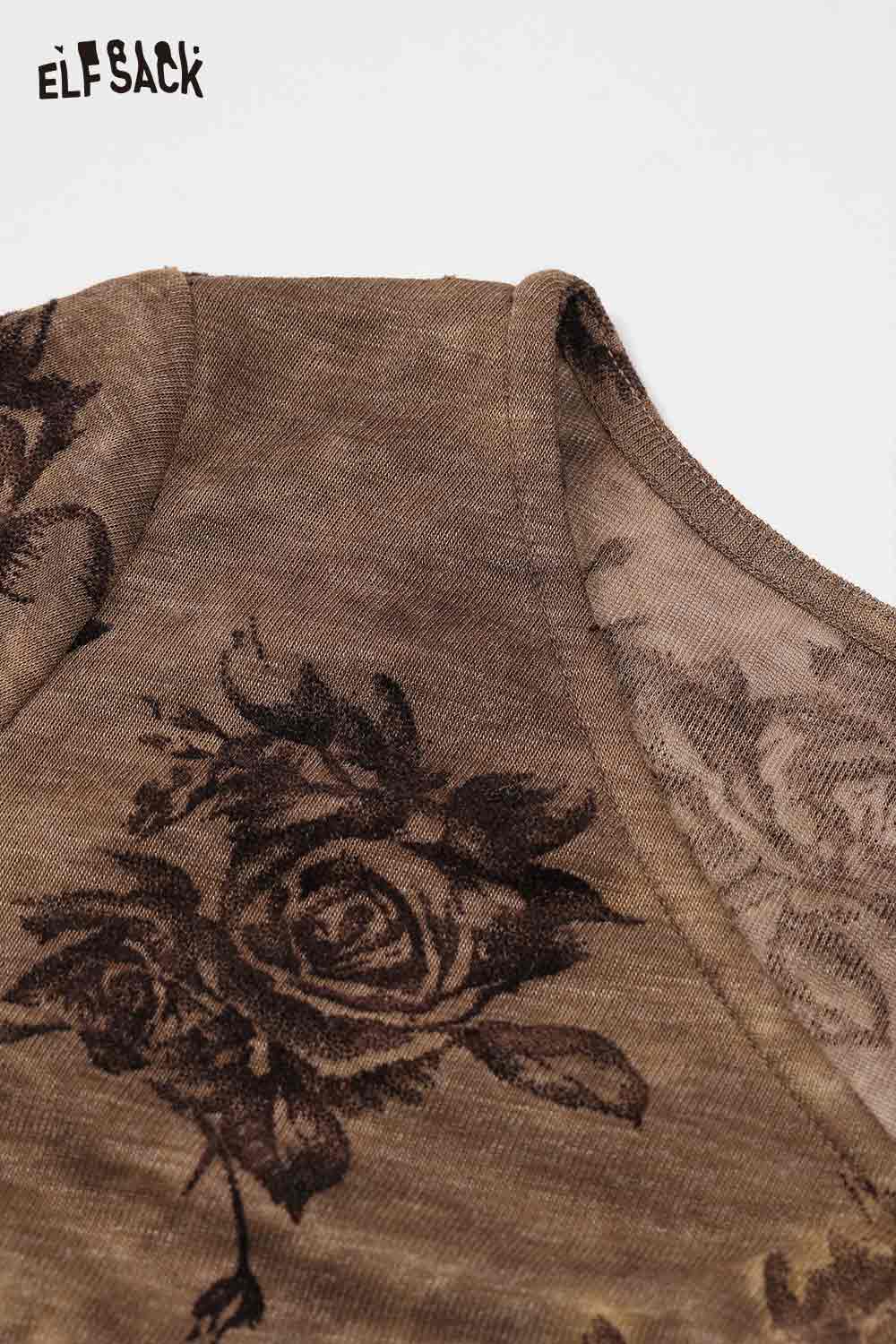 ELFSACK floral print V-neck top with soft fabric and elegant design for casual wear