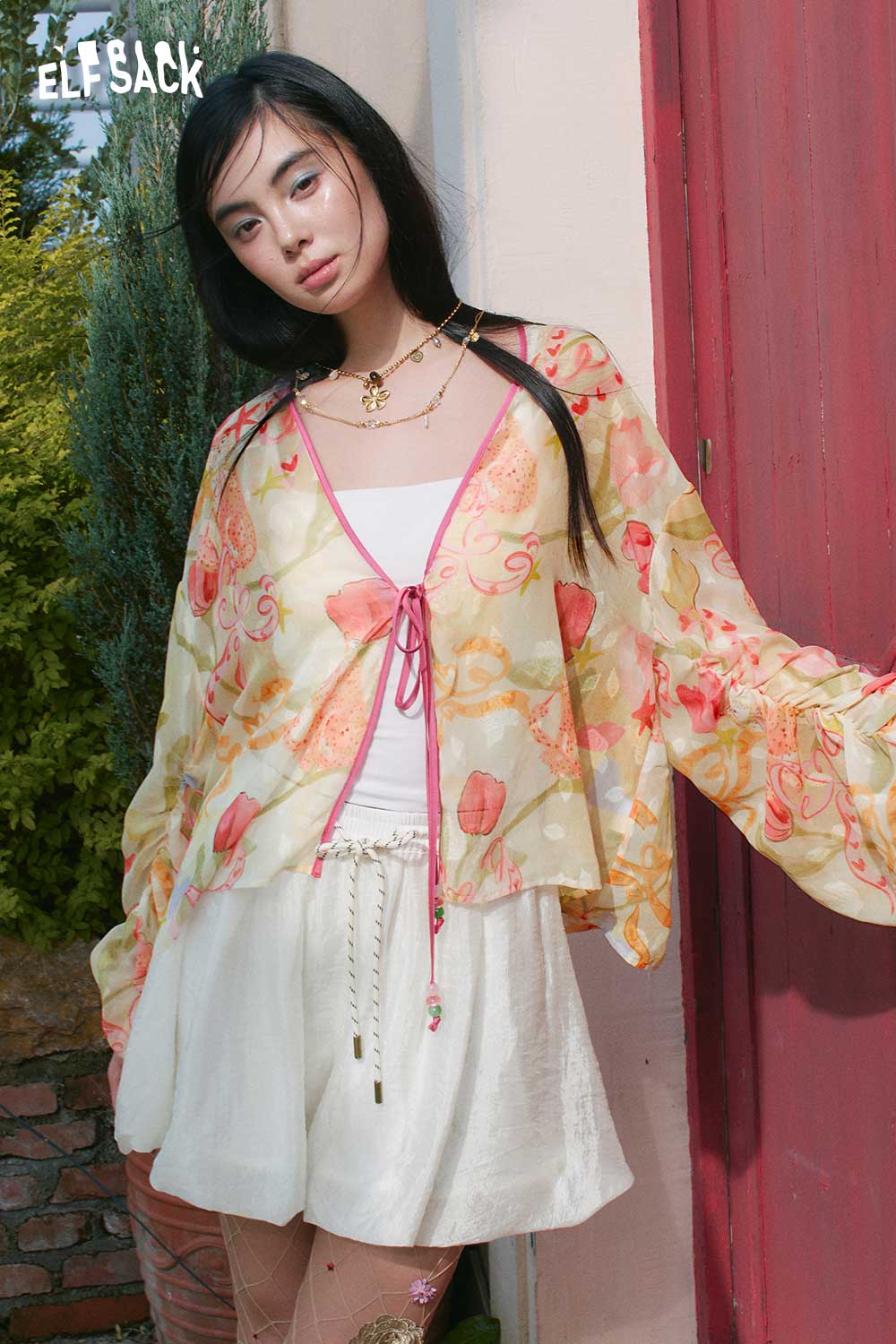 ELFSACK Floral Sheer Lantern Sleeve Kimono
