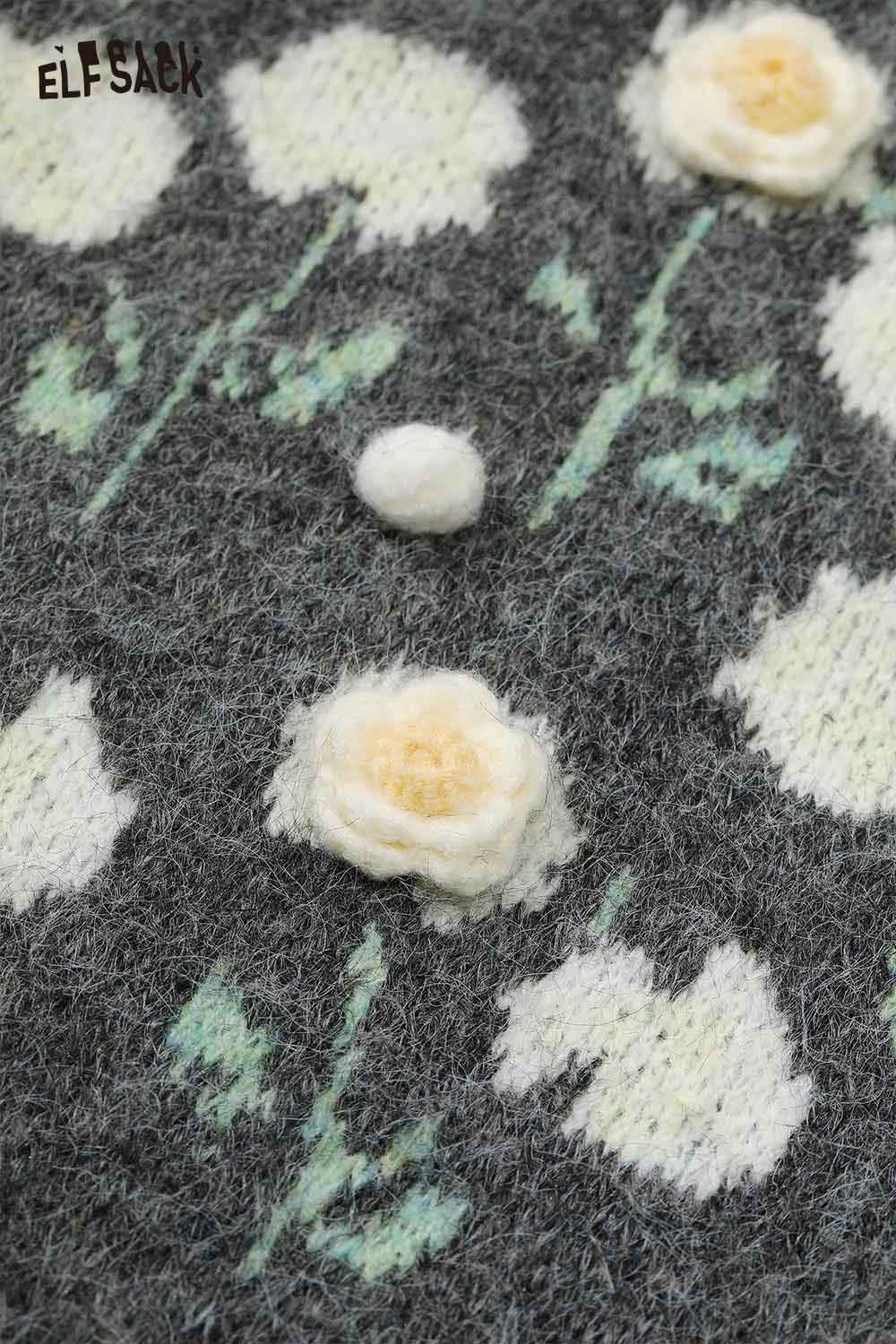 ELFSACK floral stitch oversized cardigan featuring a floral design on a grey background