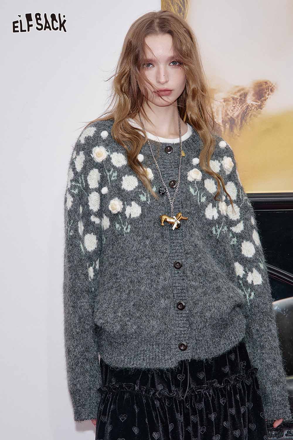ELFSACK floral stitch oversized cardigan in gray with white flower design and button closure