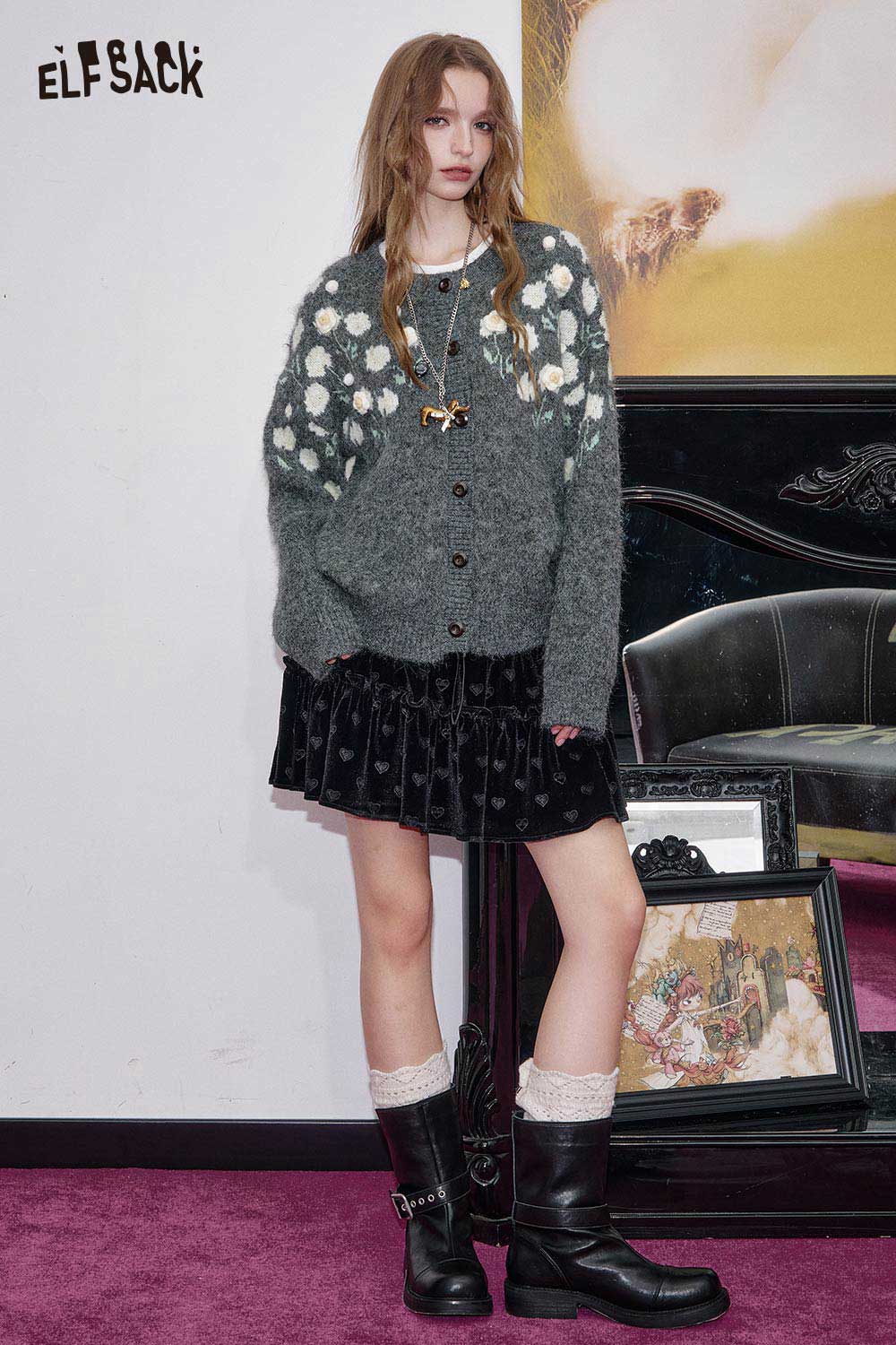 ELFSACK floral stitch oversized cardigan in gray with decorative buttons, styled with a black skirt