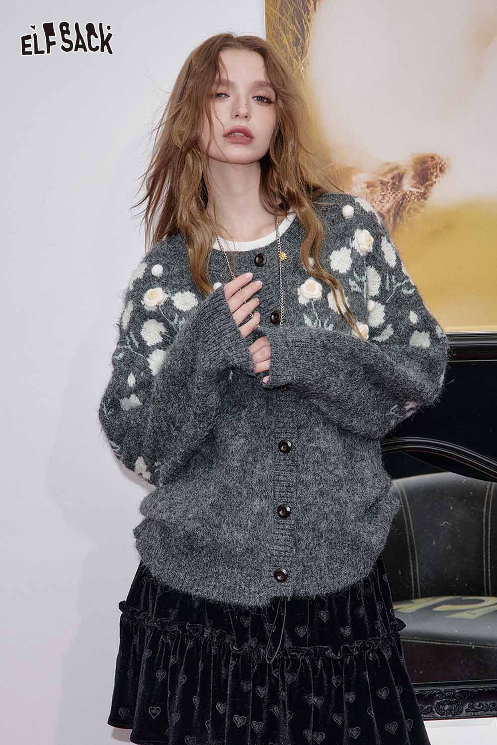 ELFSACK floral stitch oversized cardigan in gray with floral design and buttons for a trendy look