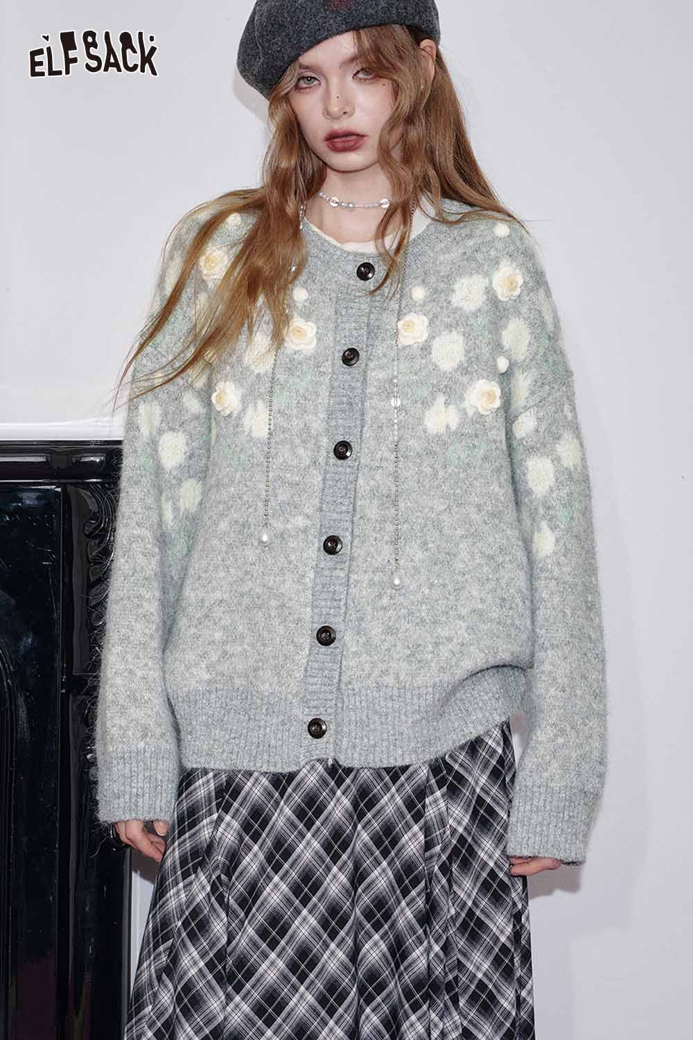 ELFSACK floral stitch oversized cardigan in gray with decorative floral pattern and button closure