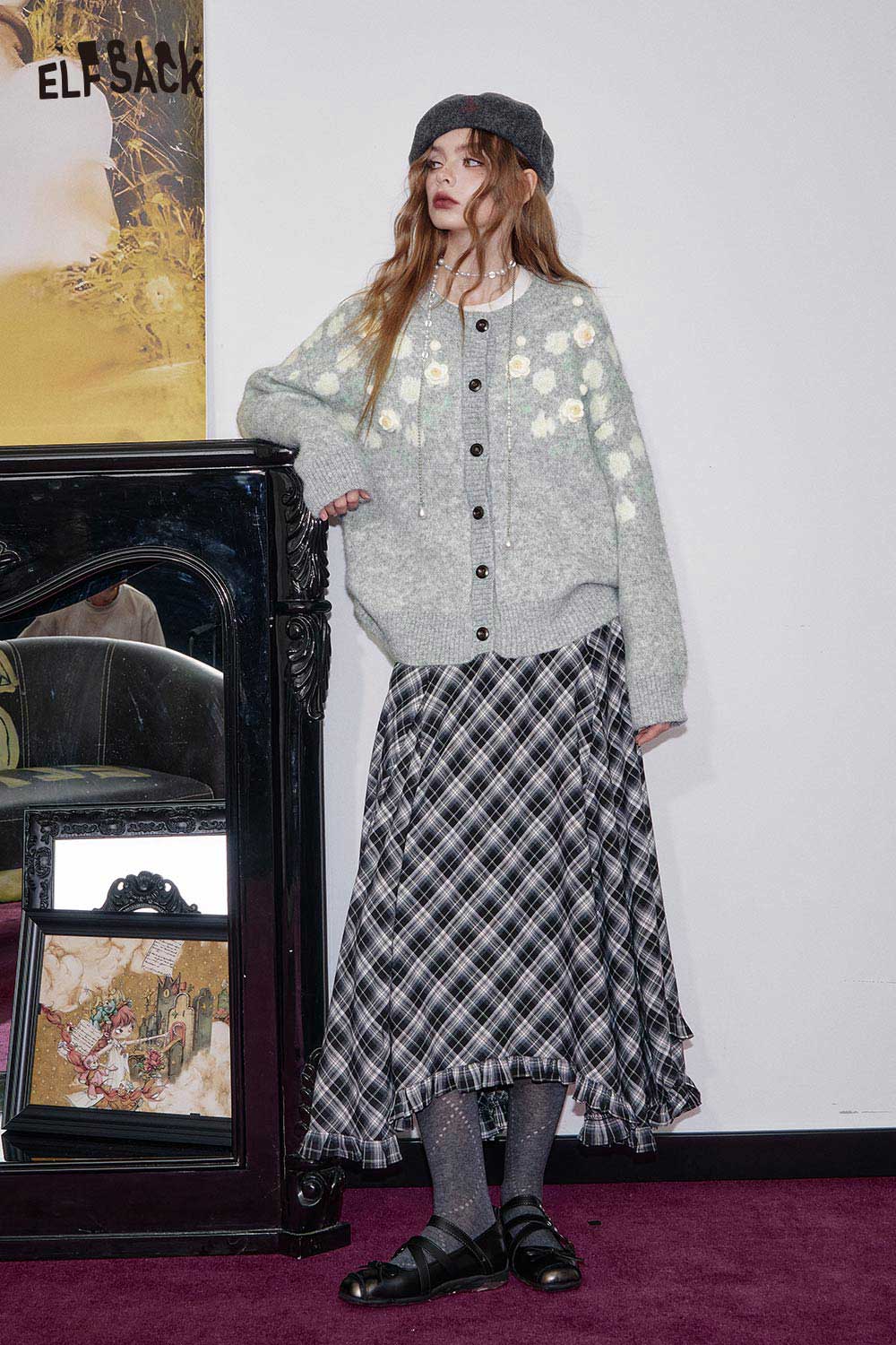 ELFSACK floral stitch oversized cardigan in light gray, paired with a plaid skirt for a stylish look