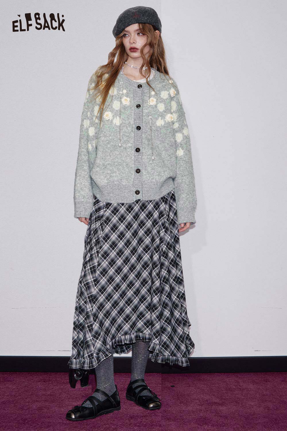 ELFSACK floral stitch oversized cardigan in light green, paired with a plaid skirt for a stylish look