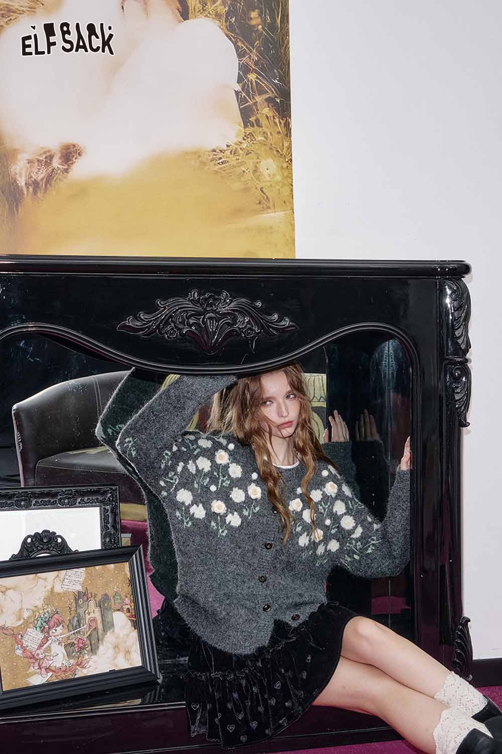 ELFSACK floral stitch oversized cardigan in gray with decorative buttons and cozy fit for stylish comfort
