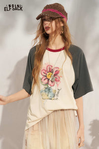 Flower Print Colorblock Raglan Tee