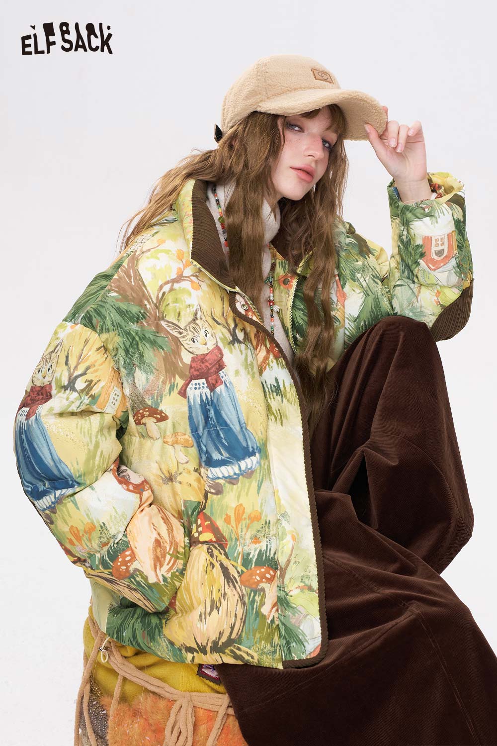 ELFSACK forest animal graphic down jacket featuring vibrant nature-inspired artwork and cozy design