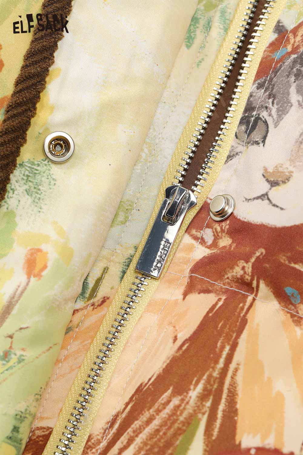 Close-up of ELFSACK forest animal graphic down jacket featuring a vibrant floral design and zipper detail