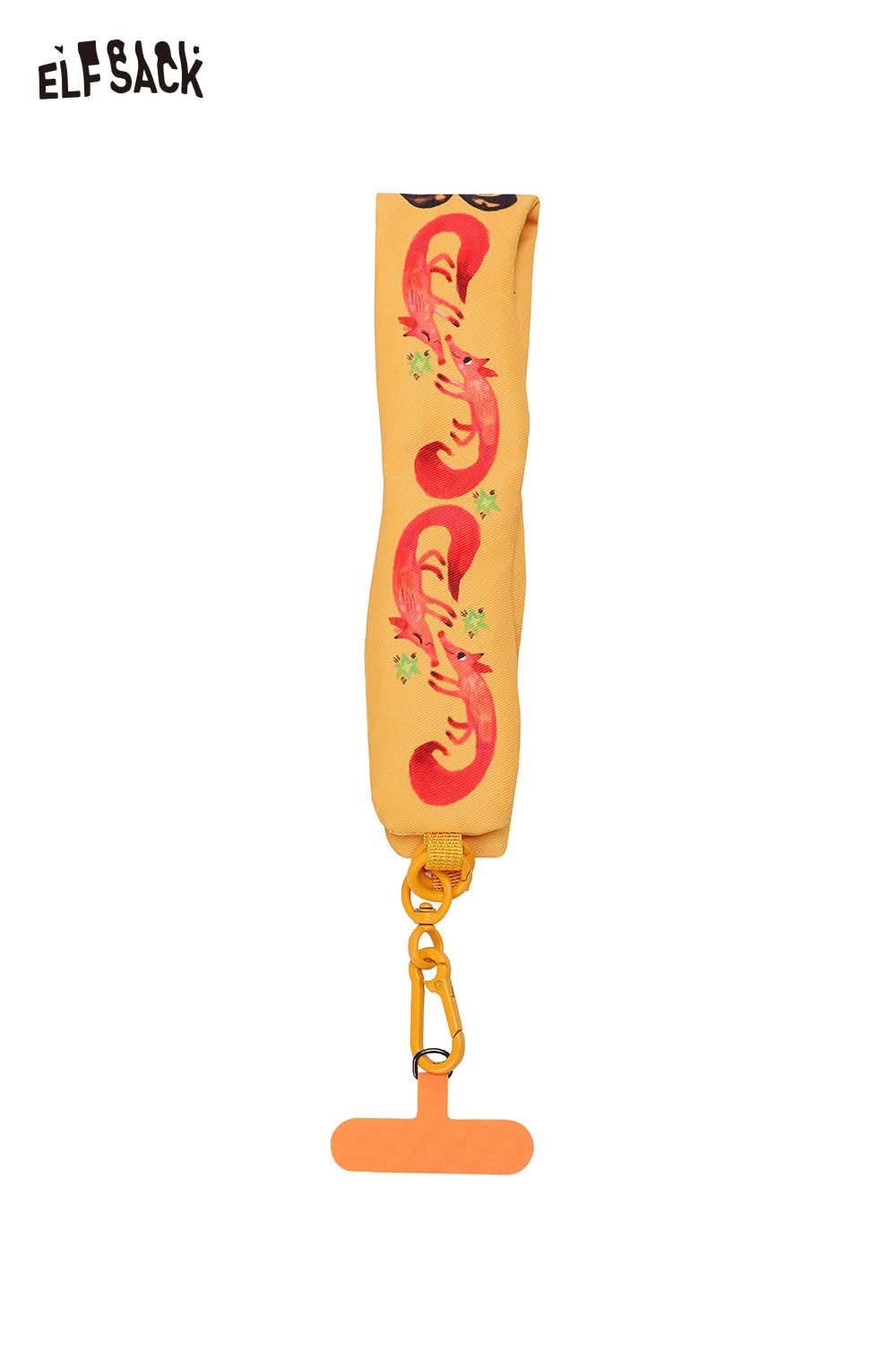 ELFSACK fox character phone strap in yellow with colorful fox designs and floral accents