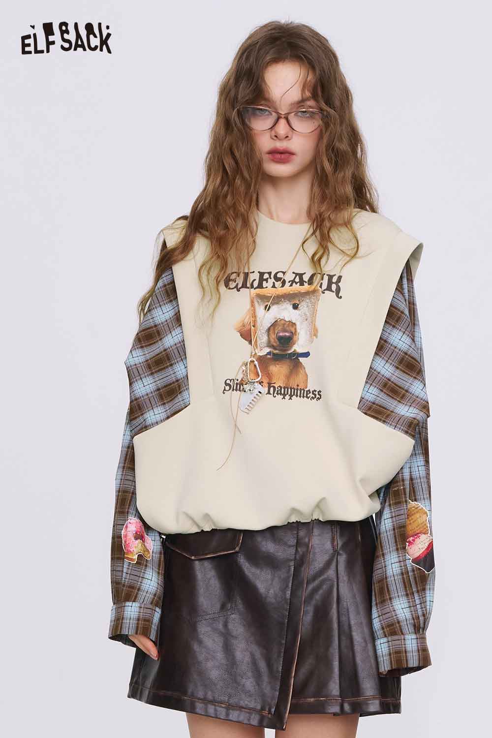 ELFSACK bread dog sweatshirt for women cream graphic oversized layered plaid sleeves styled with leather skirt