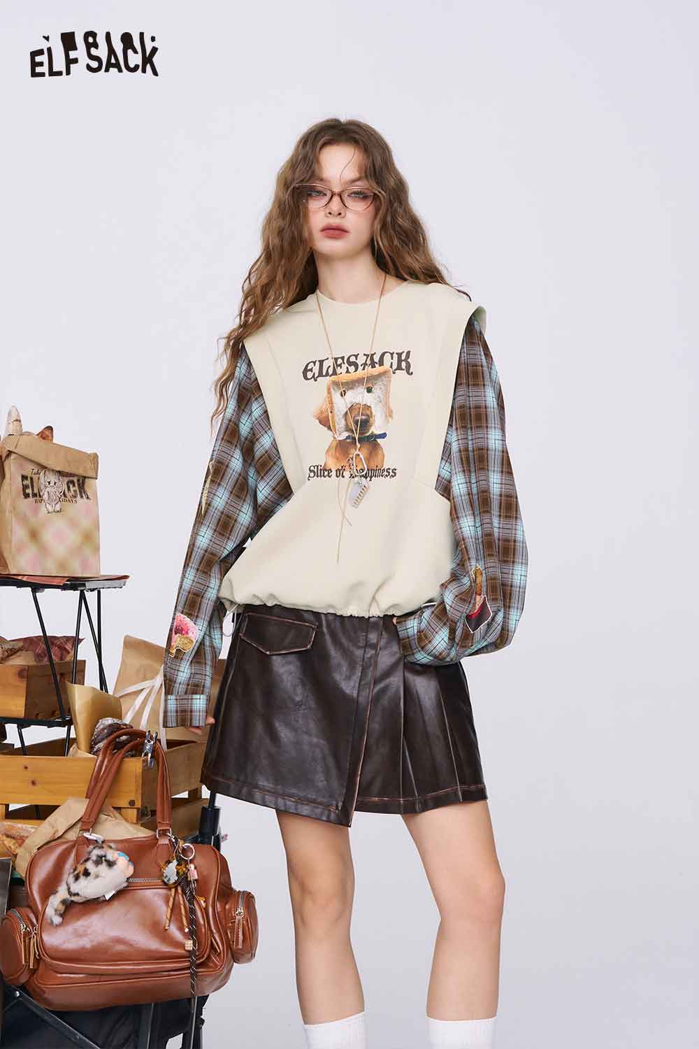 ELFSACK bread dog sweatshirt for women with plaid long sleeves layered styling model wearing leather skirt