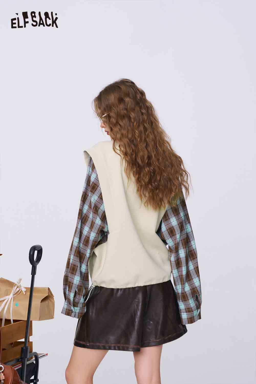 ELFSACK bread dog sweatshirt for women cream sleeveless layering over blue plaid shirt back view