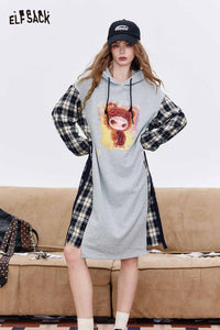 French Terry Fabric Hooded Dress with Cartoon Graphics and Plaid Panels