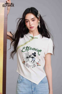 ELFSACK Frog Button Cartoon Print Puff Sleeve Tee