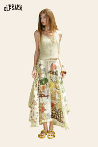 ELFSACK Fruit Floral Ruffle Midi Skirt
