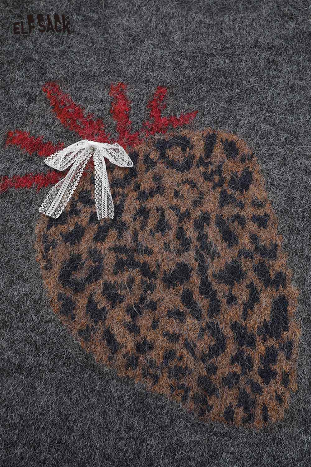 ELFSACK fruit graphic sweater for women with a stylish strawberry and leopard print design