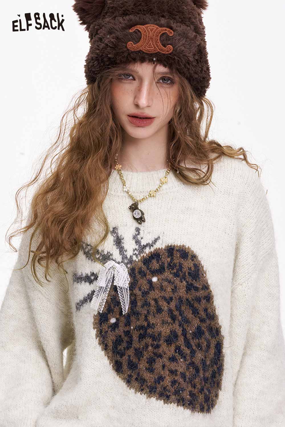 ELFSACK fruit graphic sweater for women featuring a leopard print berry design, cozy and stylish