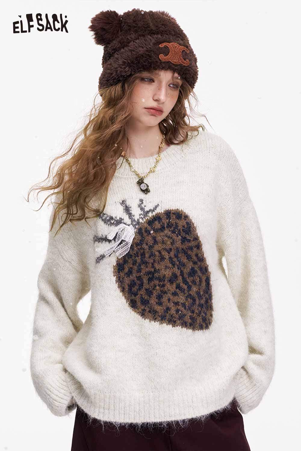 ELFSACK fruit graphic sweater for women featuring a stylish leopard print strawberry design