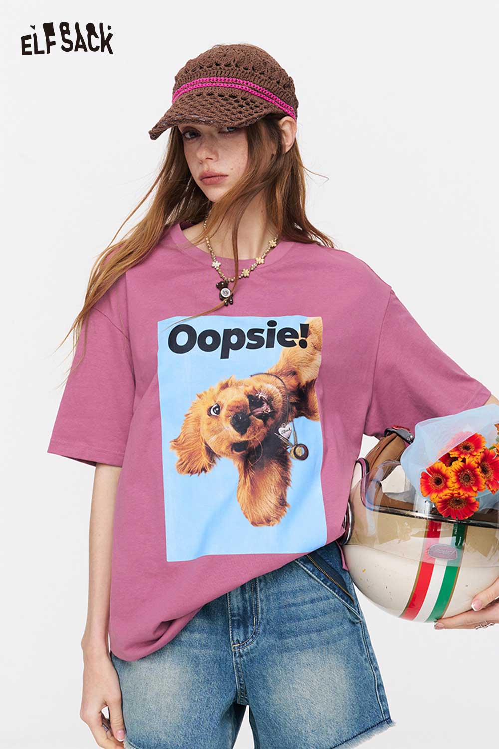 ELFSACK Fun Dog Print Oversized T-Shirt
