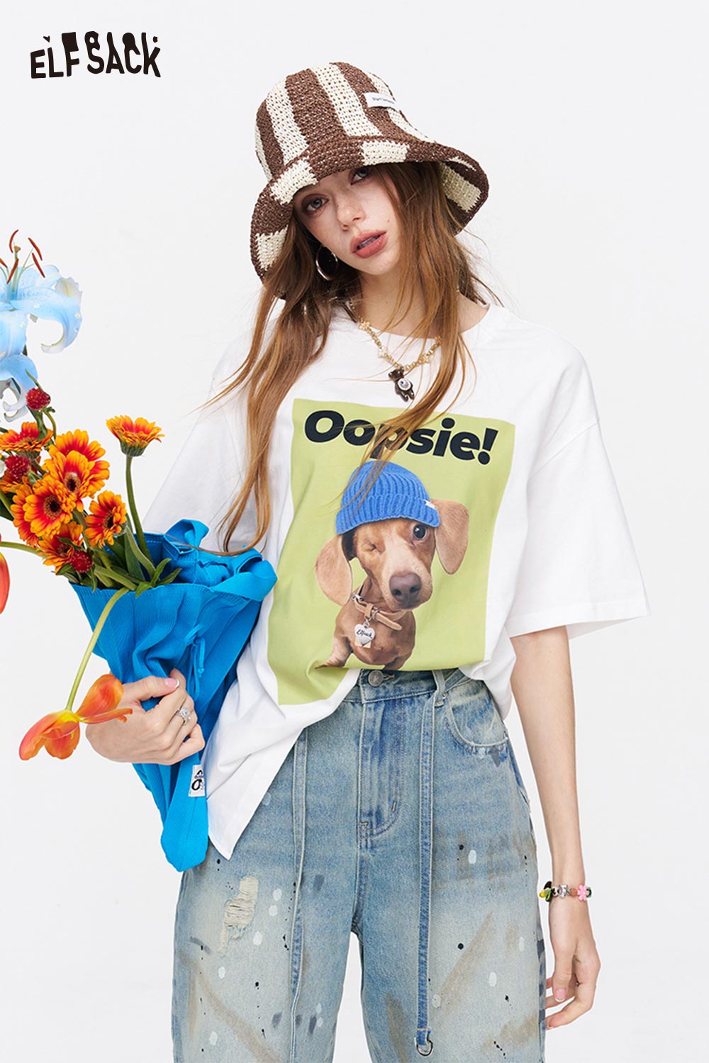 ELFSACK Fun Dog Print Oversized T-Shirt
