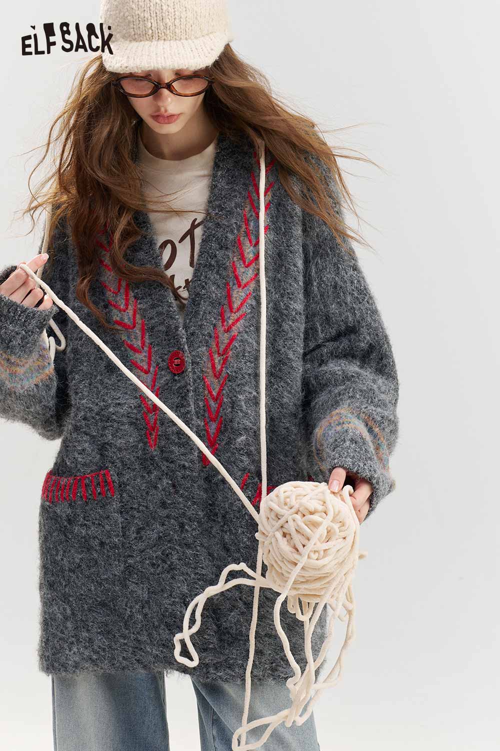 Fuzzy Chevron Trim V-Neck Knit Cardigan
