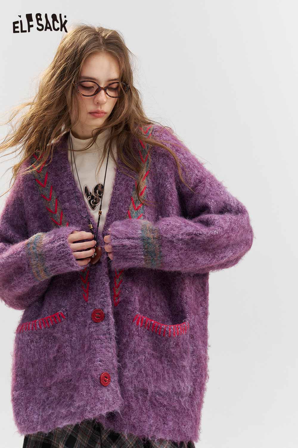 Fuzzy Chevron Trim V-Neck Knit Cardigan